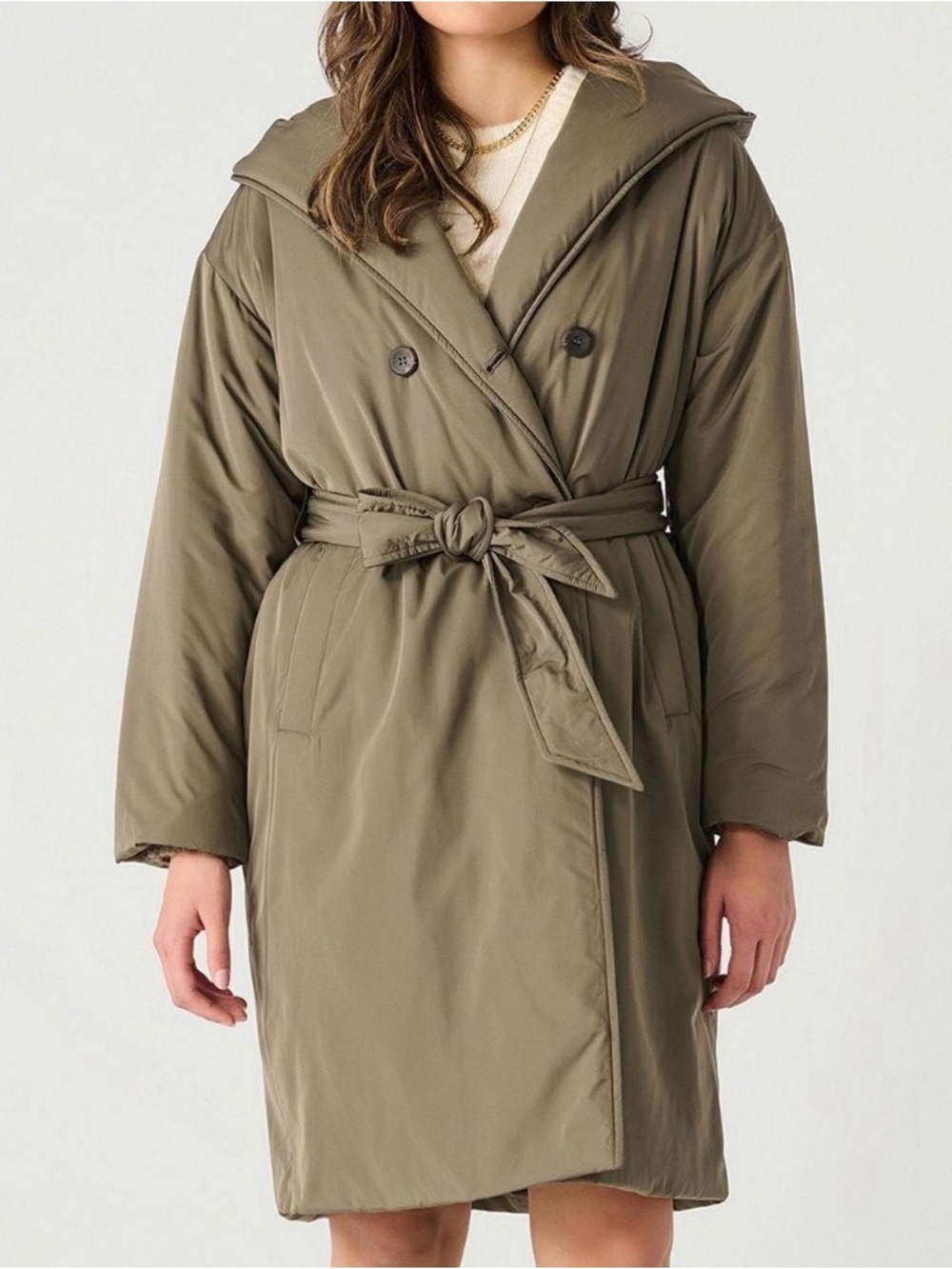 NWT 🆕 Devoted Dex Women’s Olive Hooded Belted Puffer Trench Coat size M
